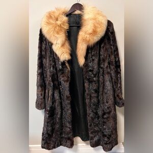 Authentic Brown Mink Fur Long Coat with Fox Fur Collar